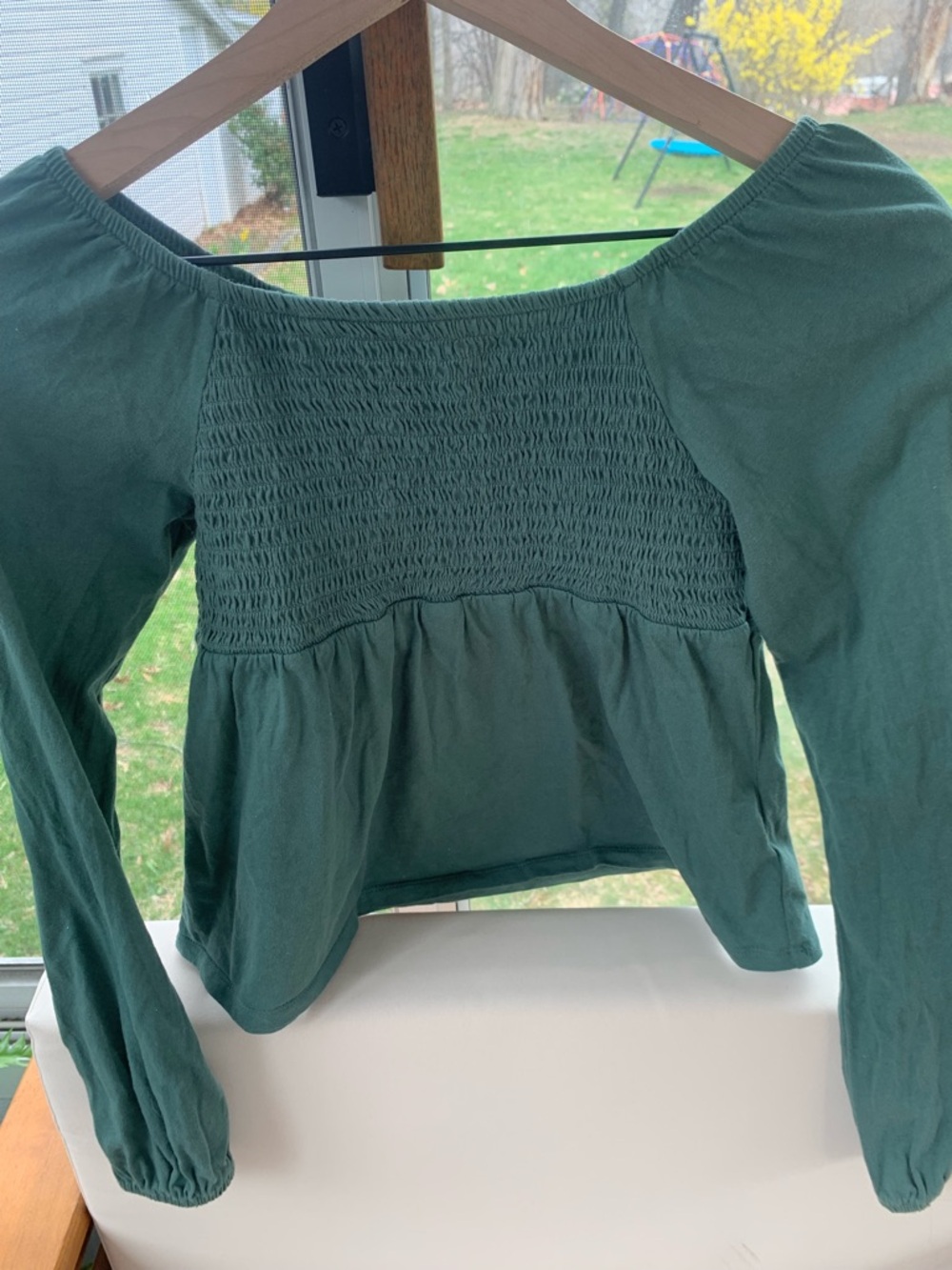 Old Navy Forest Green Smocked Peplum Long-Sleeve Top